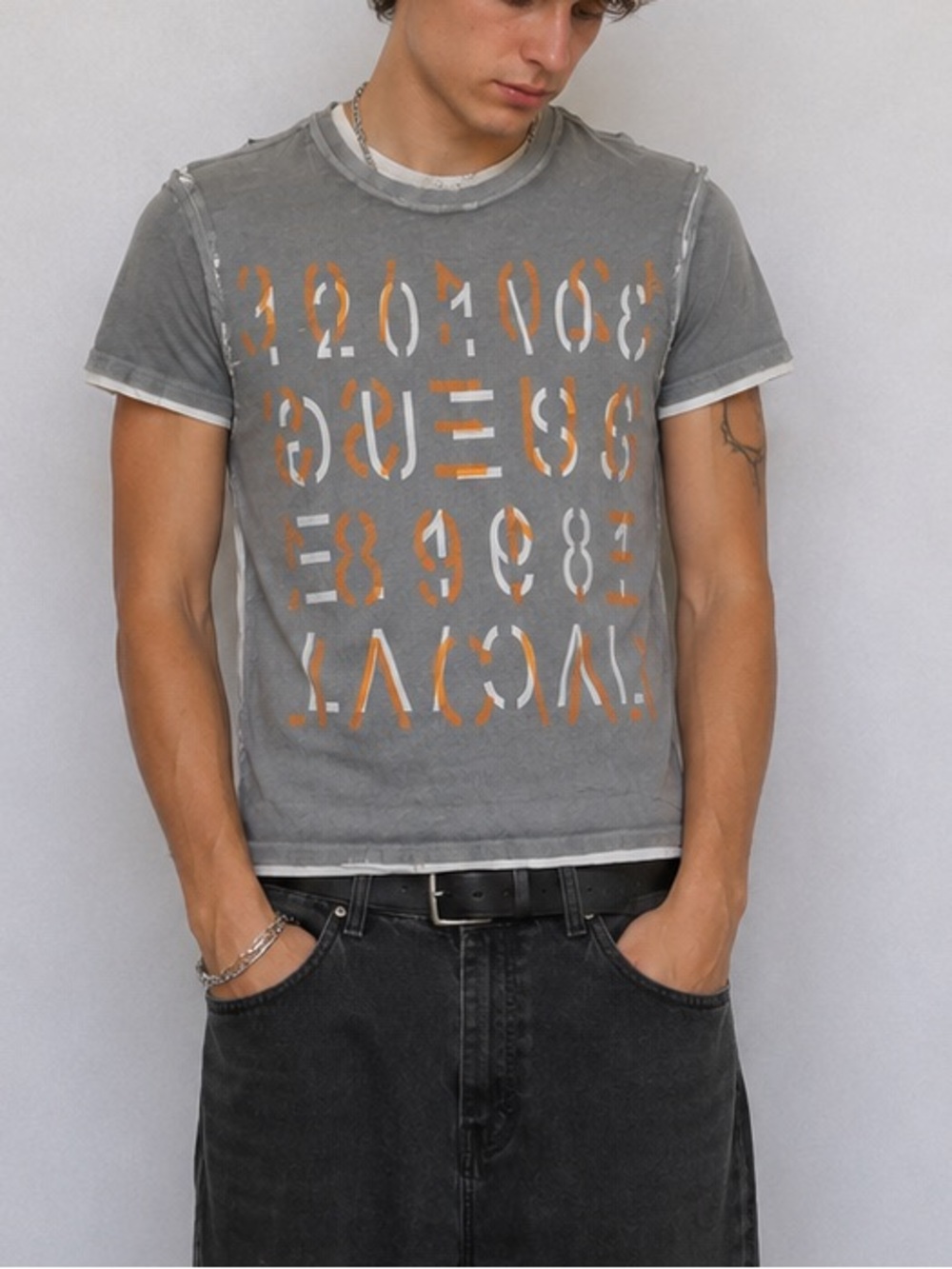 2 FOR $28 | GUESS Gray Tee Prison Style with Orange & White Grunge Graphic